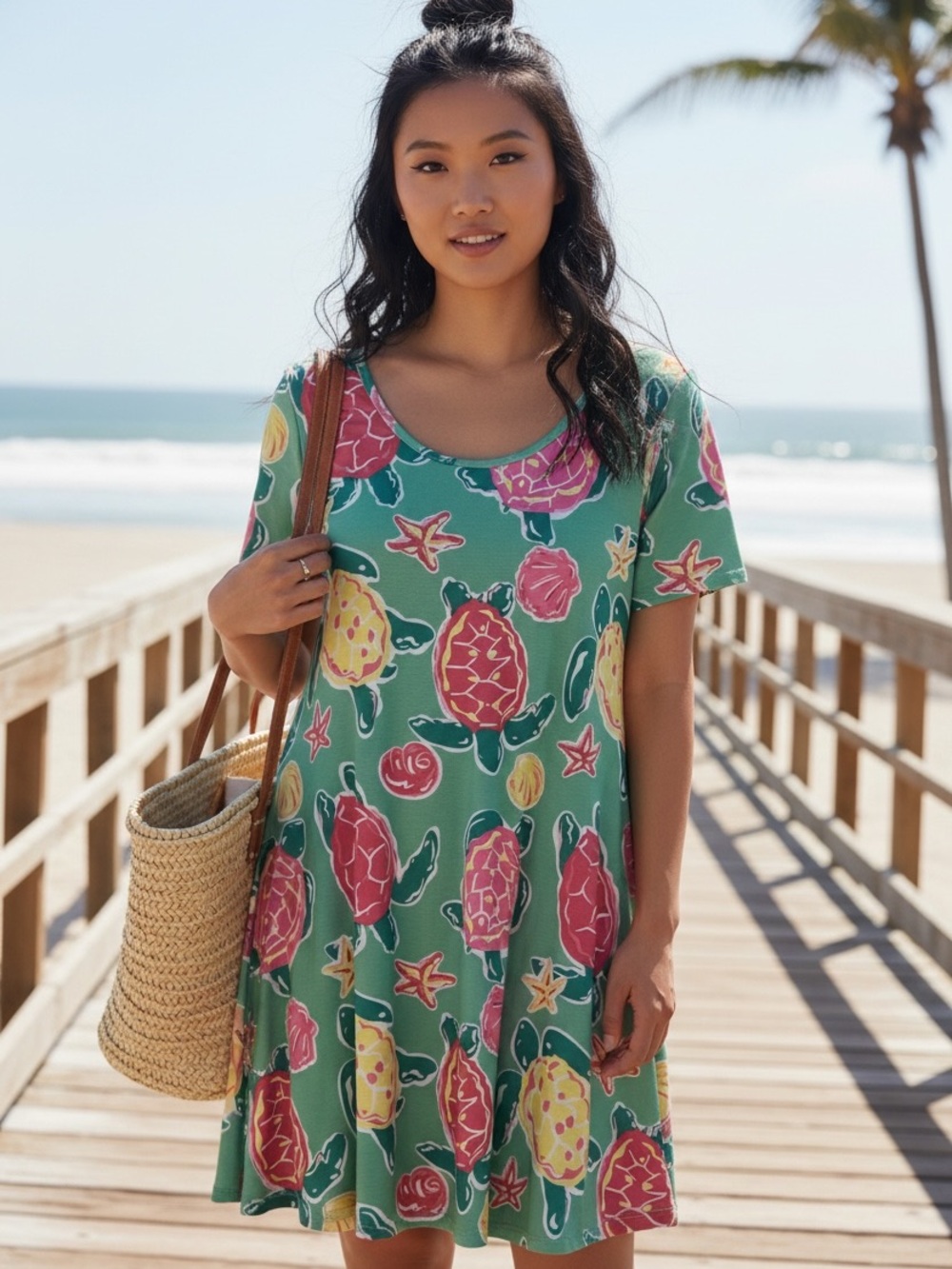 Simply Southern L Sea Turtle Swing Dress Pockets Coastal Beach Resort Stretch